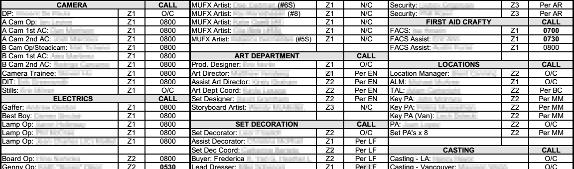 Crew call times