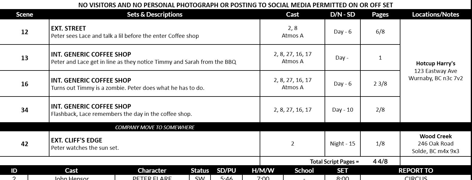 Scenes on a call sheet